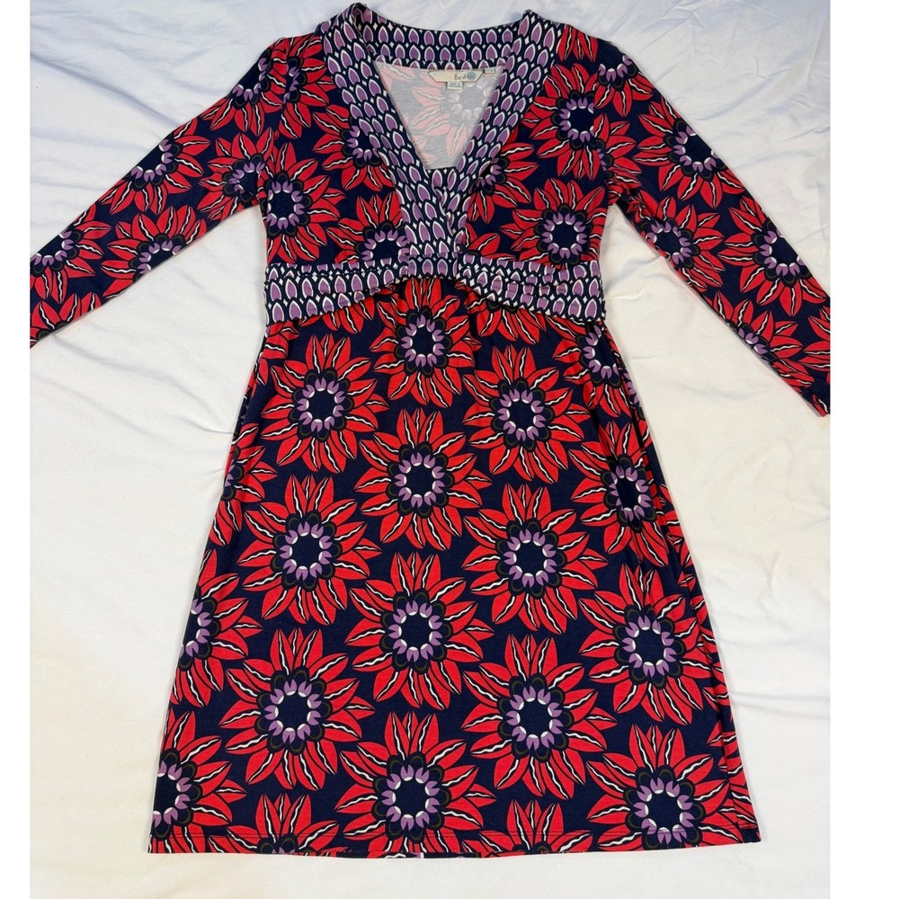Boden Red Purple Floral Sunburst Empire Waist Jersey Dress US 8 Boho Cottagecore